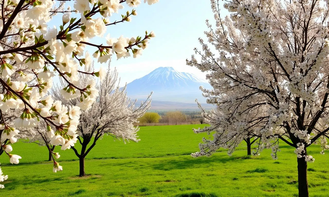 Armenien im Frühling - Mandelblüte und schneebedeckte Berge