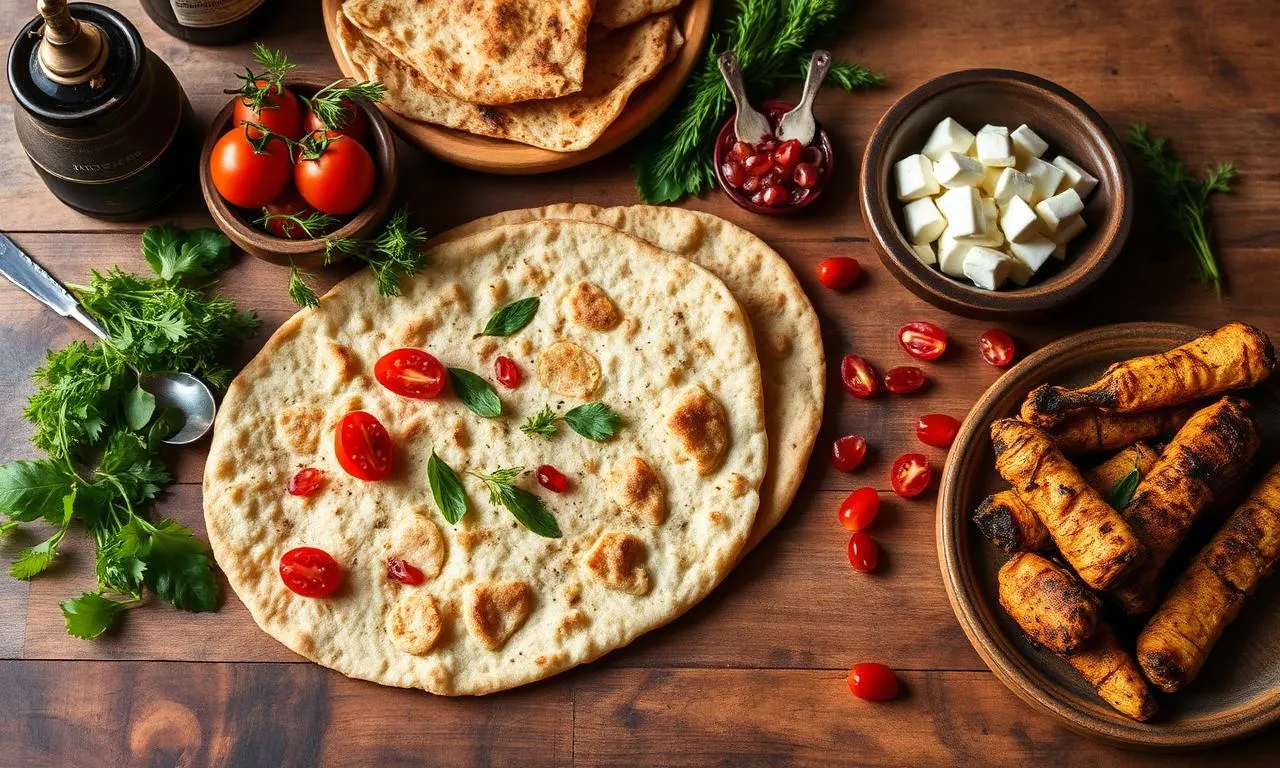Armenische Küche mit Lavash, Granatapfel und Gemüse